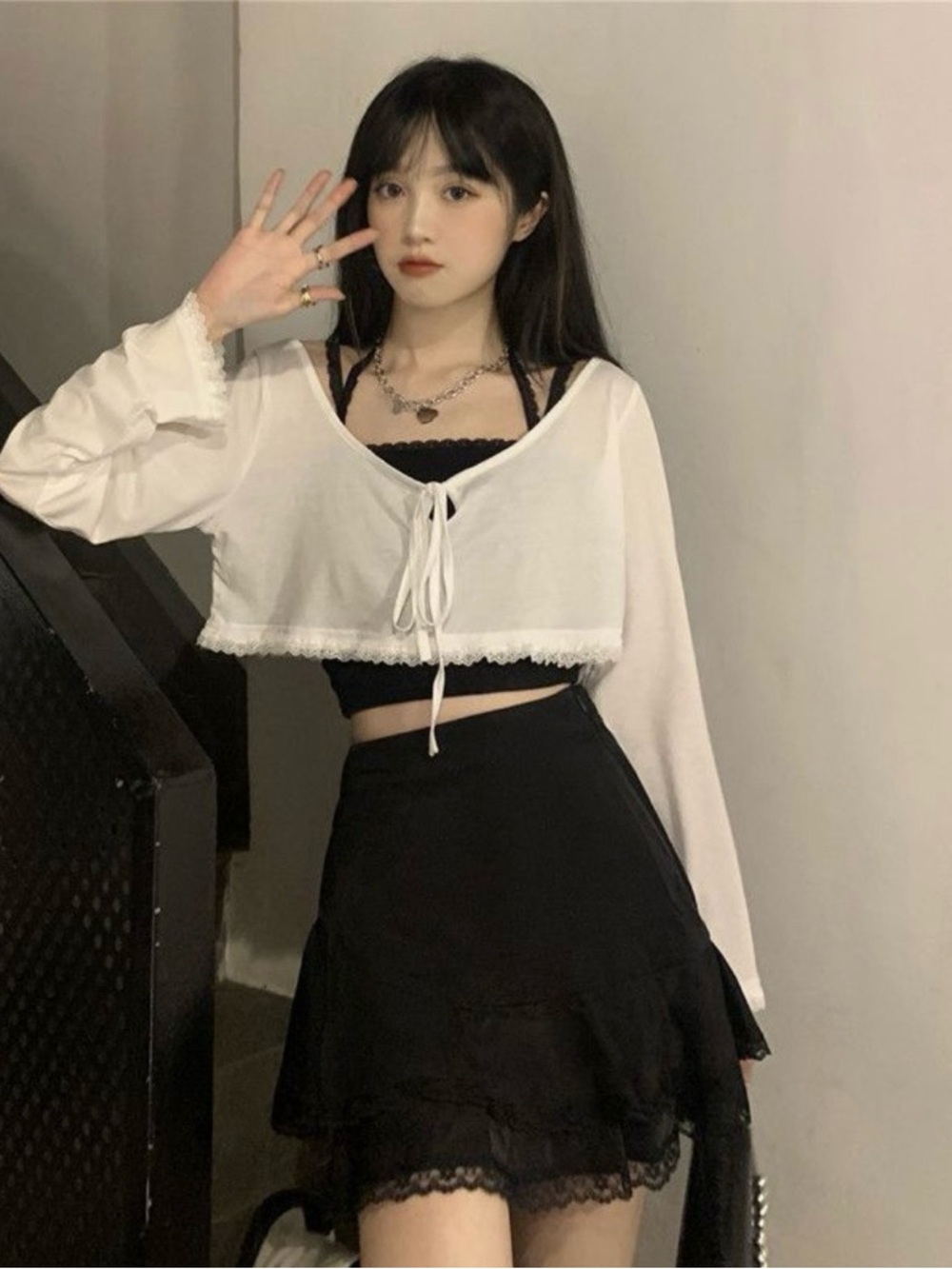 White Lace Trim Cropped Top with Long Sleeves